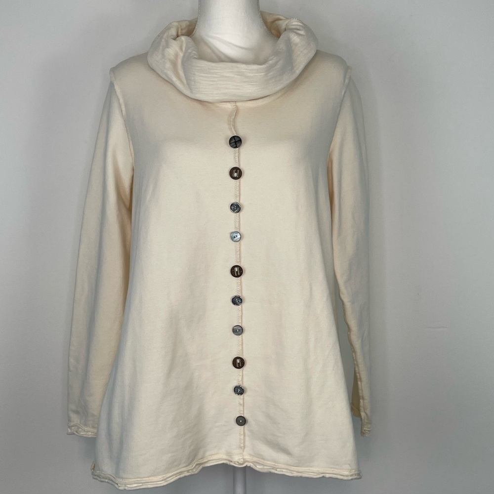 Neon Buddha Cowl Neck Long Sleeve Sweatshirt. Size Medium. Tunic. Multi Buttons.